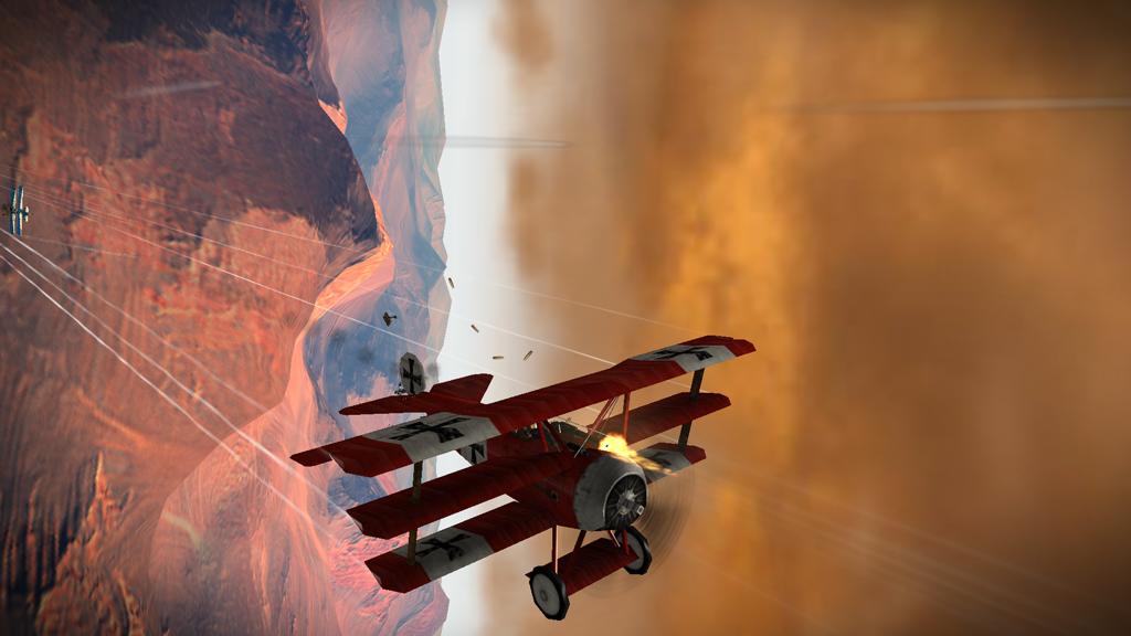 Sky Gamblers Rise Of Glory - A red WWI triplane engaged in an aerial dogfight over a rocky canyon