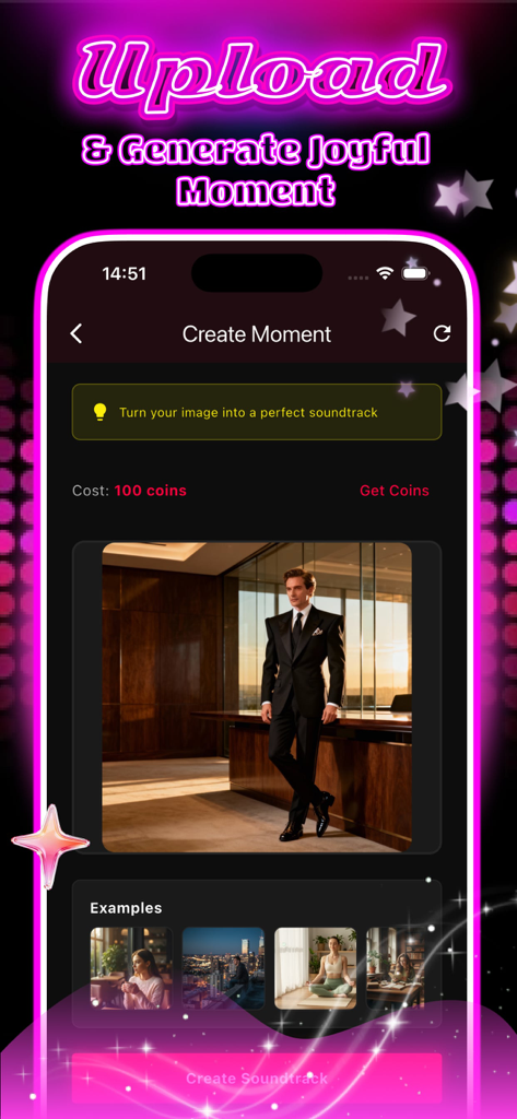 Woozi - Interface of the Woozi app showing the Create Moment screen where a photo is uploaded to generate a soundtrack and lyrics.