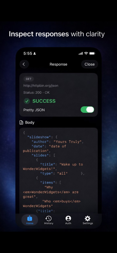 フォーマットされたJSONボディを持つ成功したHTTPレスポンスを表示するReqLabのモバイルインターフェース