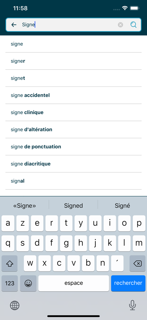 Elix - L'interface de recherche de l'application Elix montrant une liste de mots français suggérés commençant par Signe