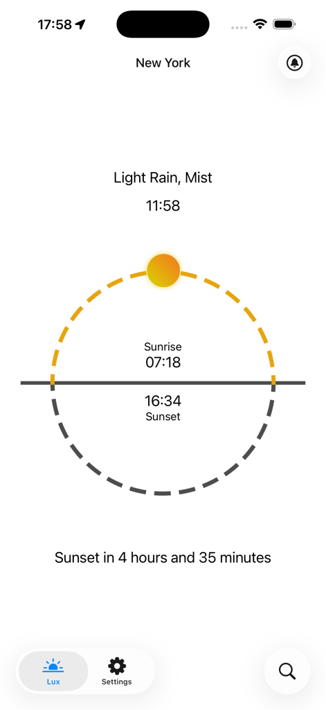 Lux - Sunrise and Sunset - Minimalist sun trajectory and sunset countdown interface in the Lux app