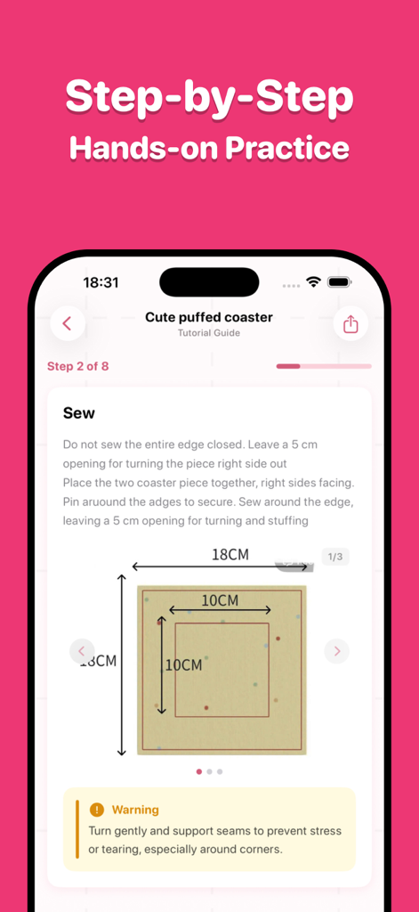 Sewie: Sewing Patterns- Stitch - Um guia de tutorial de costura passo a passo para um coaster franzido no aplicativo Sewie