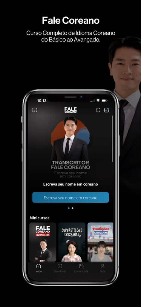 Fale Coreano - Pantalla de inicio de la aplicación Fale Coreano con minicursos de idioma y cultura coreana