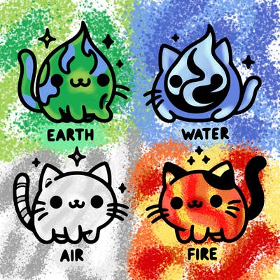 4 cats that represent the different elements, earth, water, air, and fire