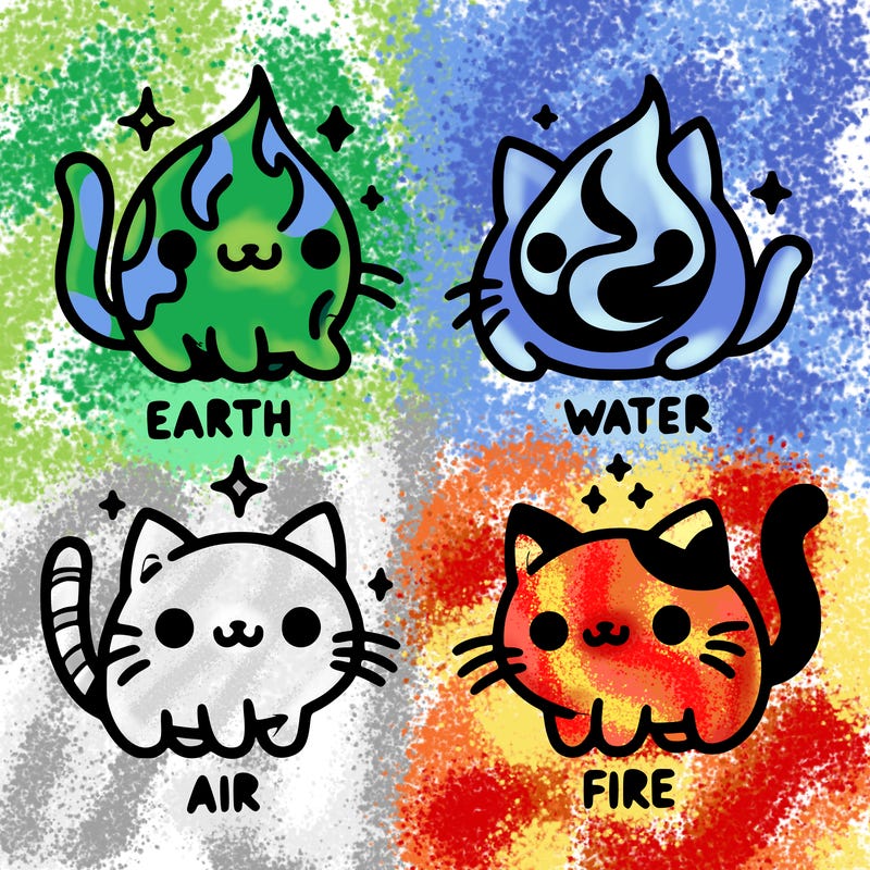 4 cats that represent the different elements, earth, water, air, and fire