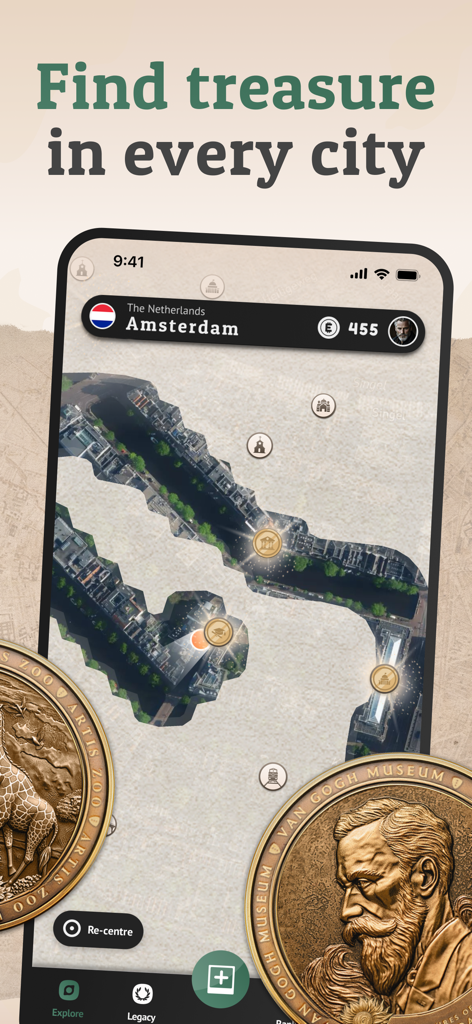 ゴッホ美術館とアーティス動物園のデジタル収集可能なメダルが表示されたアムステルダムの地図を表示するスマートフォンディスプレイ。