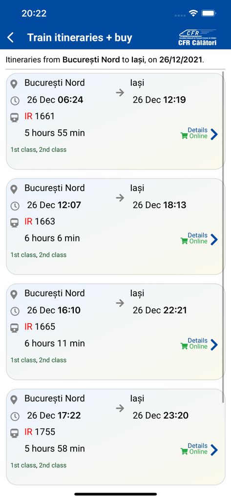 CFR Calatoriモバイルアプリ画面、ブカレストからヤシへの列車の出発時刻とルートが表示されています