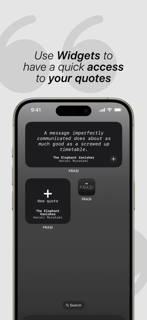 Pantalla de inicio de iPhone mostrando widgets de la aplicación FRASI con una cita de libro y un botón para nueva cita