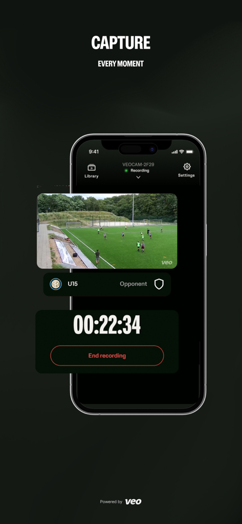 Veo Camera app interface showing a live recording of a youth soccer match with a timer and end recording button