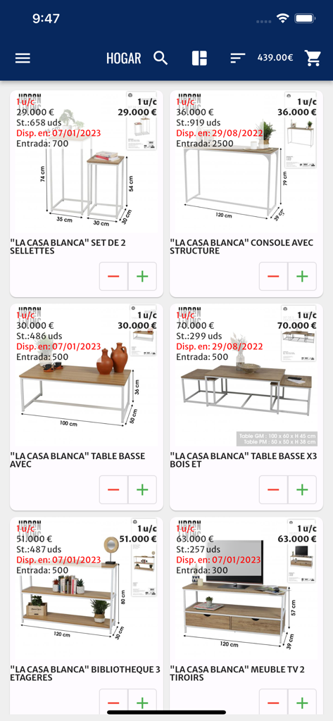 Fornord - Interfaz de la aplicación móvil Fornord que muestra una cuadrícula de muebles para el hogar al por mayor, incluyendo mesas y estanterías con niveles de stock y precios.