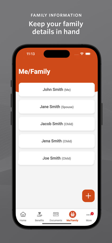 A mobile screen from the bswift app showing a list of family members and dependents for benefits management.