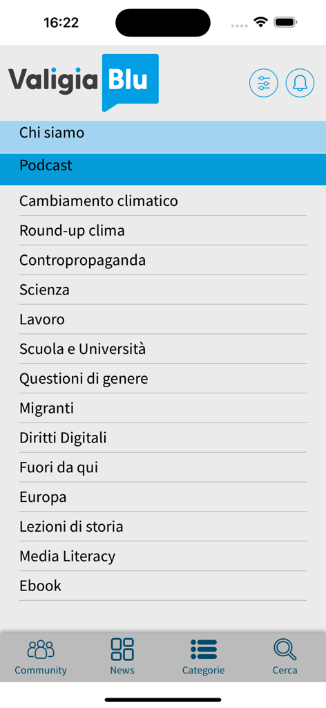 Valigia Blu Community - A list of news categories in the Valigia Blu Community app including Podcast, Climate Change, and Science
