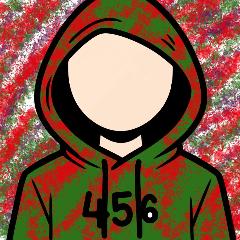 a person with non face waering a hoodie with a 456 symbol