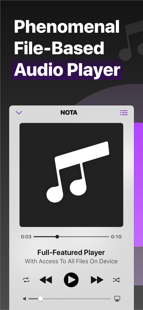 Nota app interface showing a full-featured file-based audio player with playback controls.