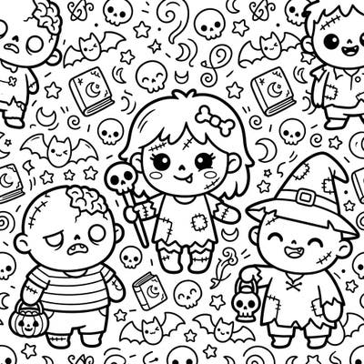 Dive into a uniquely charming world with our Kawaii Necromantic Zombies coloring page. This delightful template combines spooky themes with an irresistibly cute art style, perfect for a fun and engaging coloring session.