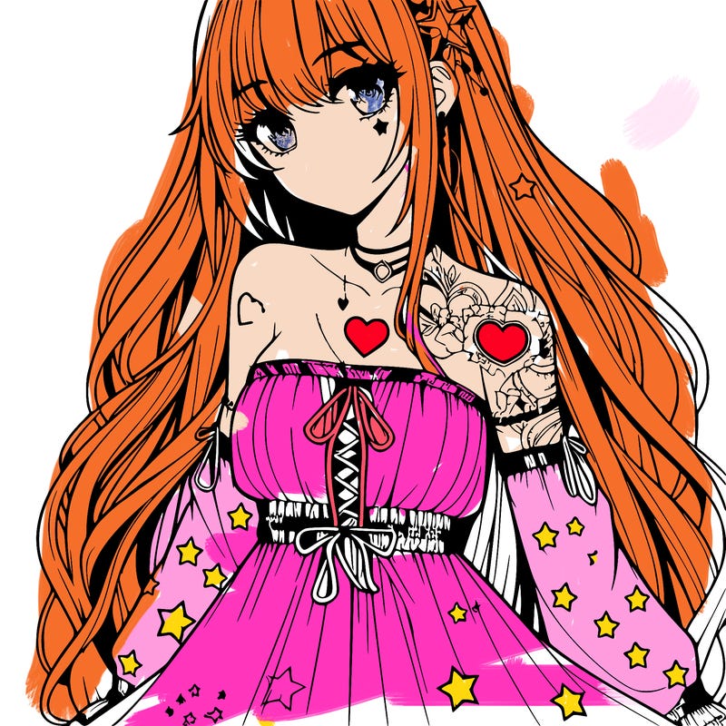 realistic anime girl with long hair star heart tattoos with a fabric dress