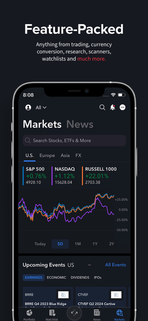 IBKR Mobile - Invest Worldwide - Panel de la aplicación IBKR Mobile que muestra índices de mercado globales, gráficos de rendimiento y próximos eventos financieros.