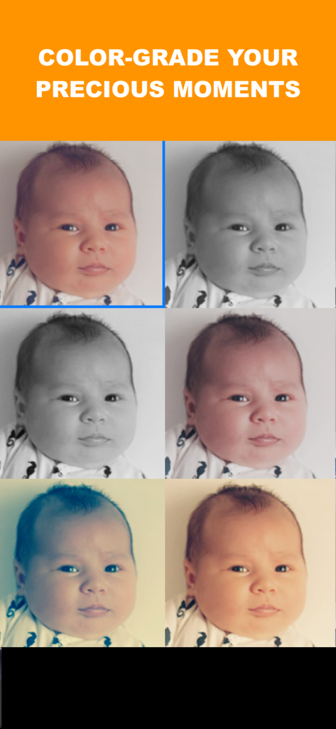MORPH - Face Story & Slideshow - A grid of baby photos showcasing different color grading filters in the MORPH app