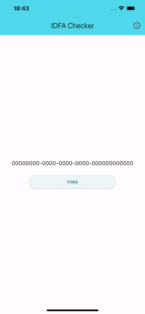 IDFA 확인 앱의 메인 인터페이스에 장치 식별자와 복사 버튼이 표시됨
