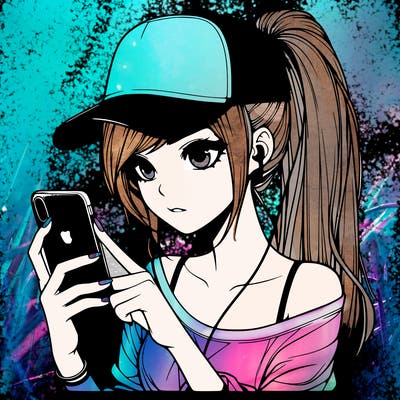 realistic girl with a long ponytail and trucker hat holding an iphone