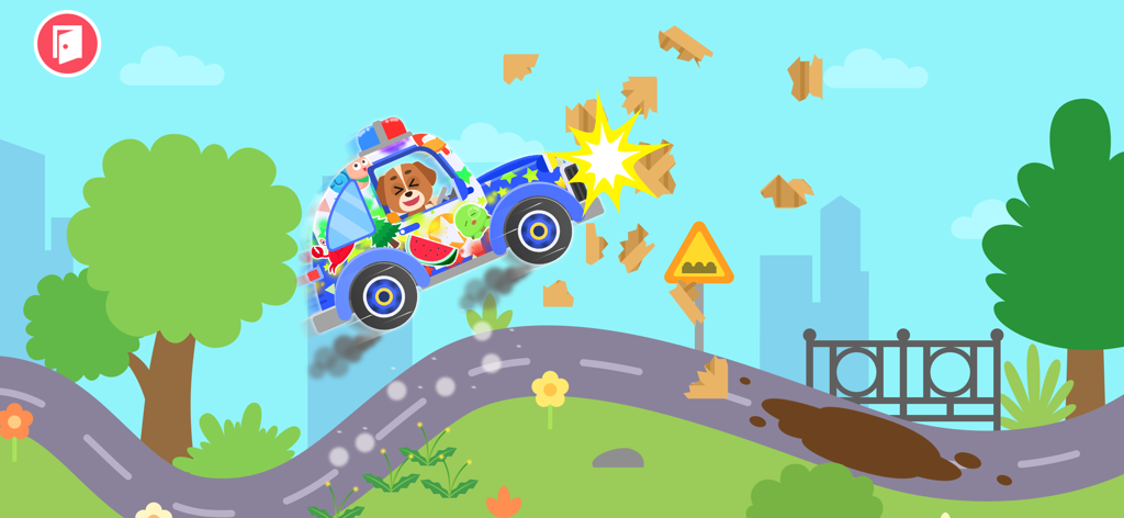 Car Wash Car Games for kids - Um cachorro de desenho animado dirigindo um carro de polícia decorado em uma pista de corrida sinuosa.
