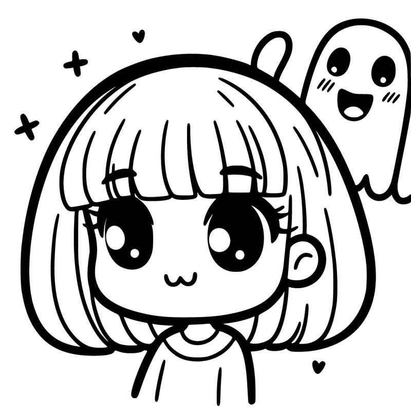 girl with bangs who has a cute ghost following her
