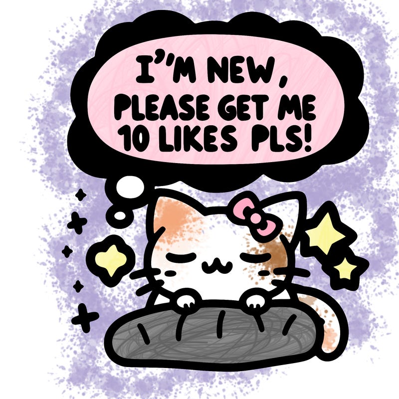 kitty taking a nap dream talking and saying "i'm new, please get me at least 10 likes pls!!"