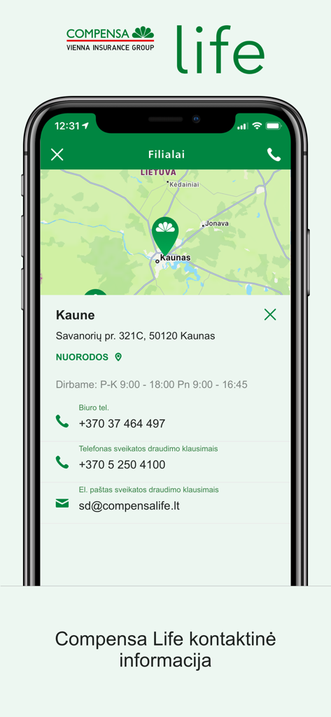 Compensa Life app screen showing branch contact information and location map for Kaunas