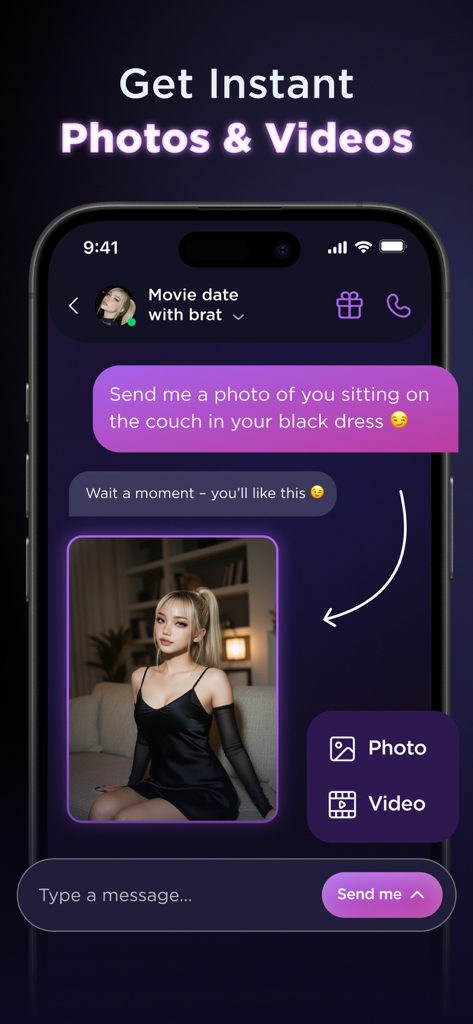 Lovevo: AI Roleplay Platform - Una pantalla de smartphone que muestra una conversación de chat en la aplicación Lovevo donde un personaje de IA envía una foto generada de una mujer con un vestido negro.