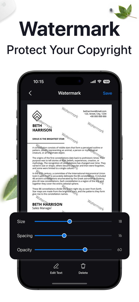 プロフェッショナルなファイルを保護するために、サイズ、間隔、不透明度のコントロールを備えたドキュメント透かしツールを表示するモバイルアプリインターフェイス。