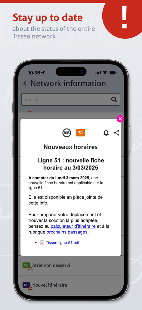 Tisséo: Metro, Tram, Bus - Capture d'écran de l'application Tisséo montrant les alertes réseau en temps réel et les mises à jour des horaires des transports publics à Toulouse.