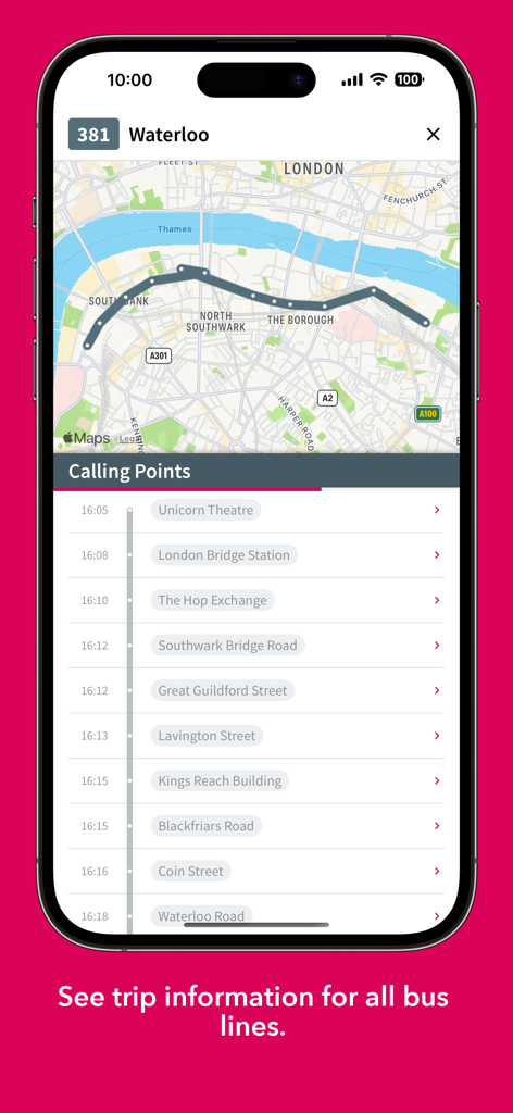 London Bus Checker app interface showing a bus route map and calling points.