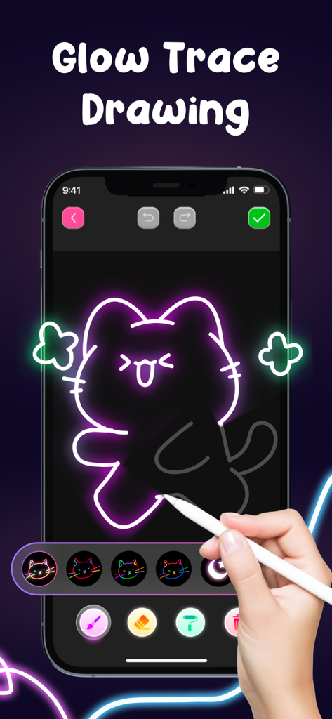 Doodle Art: Neon Glow Drawing - A hand using a stylus to trace a glowing neon pink cat in the Glow Trace Drawing mode of the app