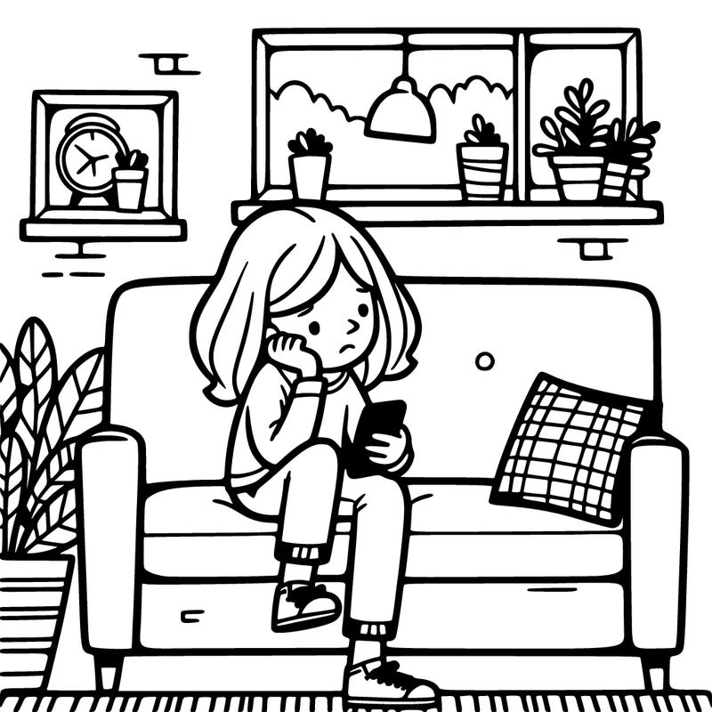 a girl sitting on the couch being bored looking at her phone