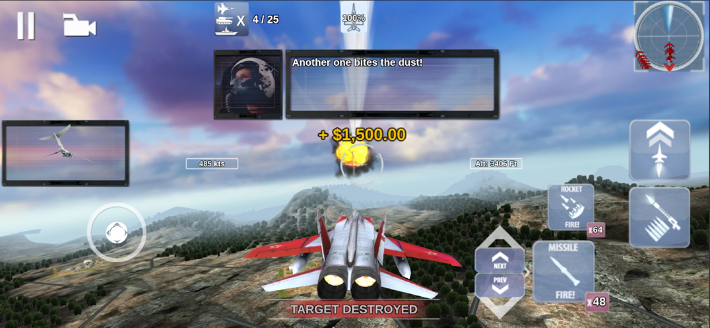 Captura de tela de jogabilidade do FoxOne Special Missions mostrando um caça destruindo um alvo com elementos de HUD