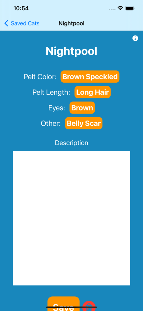 Clan Cat Generator - Uma tela de perfil de personagem no aplicativo Gerador de Gatos de Clã mostrando traços para um gato chamado Nightpool, incluindo pelagem salpicada marrom e cicatriz na barriga.