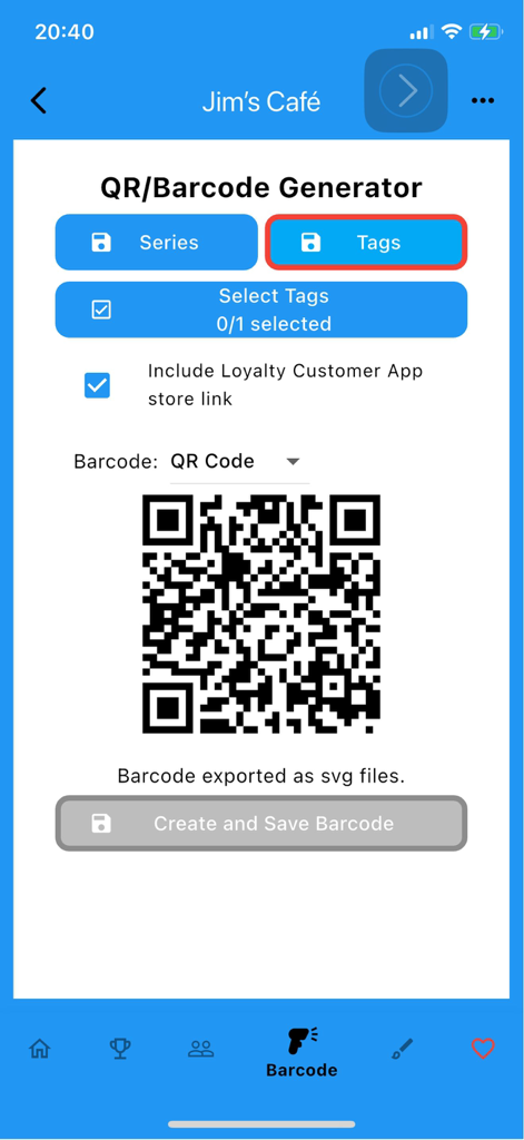 Loyalty Tag - Loyalty Tag app interface showing the QR and barcode generator for a small business loyalty program
