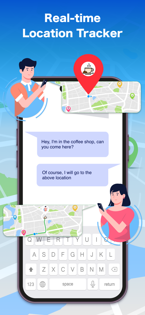 Real-time GPS Location Sharing - Tela do smartphone mostrando uma interface de chat com compartilhamento de localização GPS em tempo real e pinos de mapa