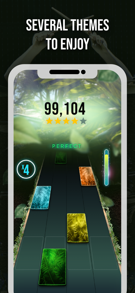 Drum Tiles: drumming game - Drum Tiles gameplay showing a jungle theme with colorful tiles and a high score