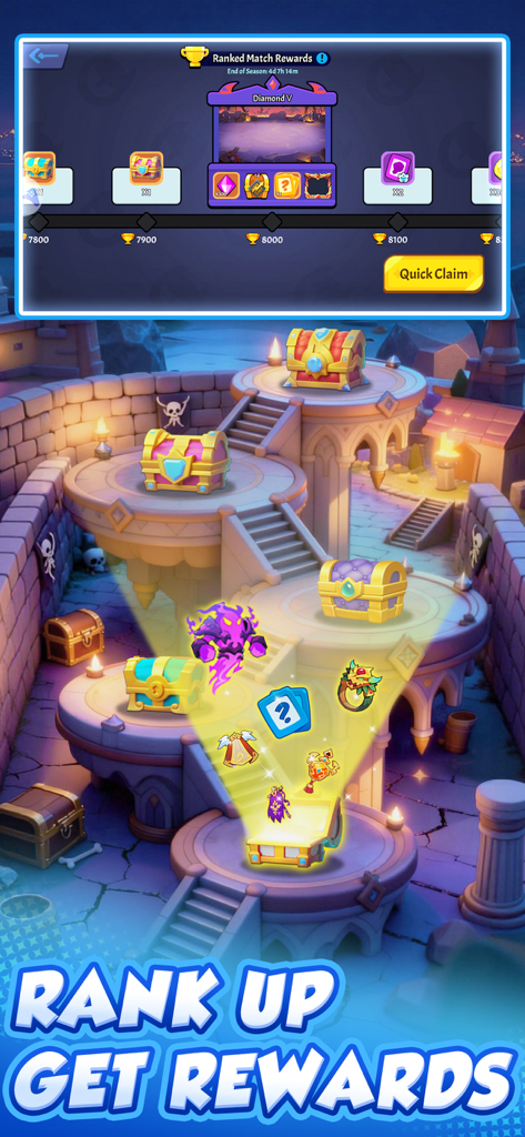 Checkmate Clash - Pantalla de recompensas clasificatorias de Checkmate Clash mostrando cofres del tesoro y objetos de botín