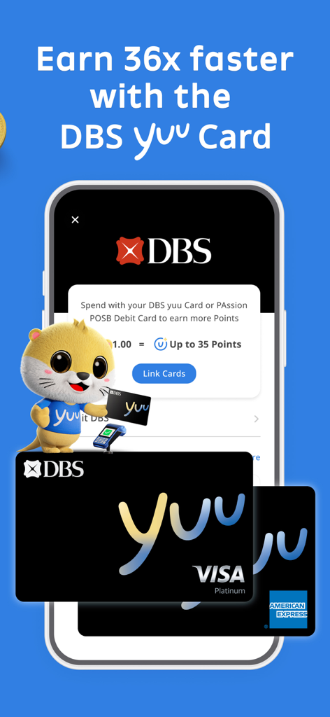 yuu SG - A promotional screen for the yuu SG app showing how to earn 36x rewards points faster with a DBS yuu Card.