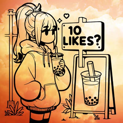 girl with oversized hoodie drinking boba and she has a high ponytail with a sign that says 10likes?