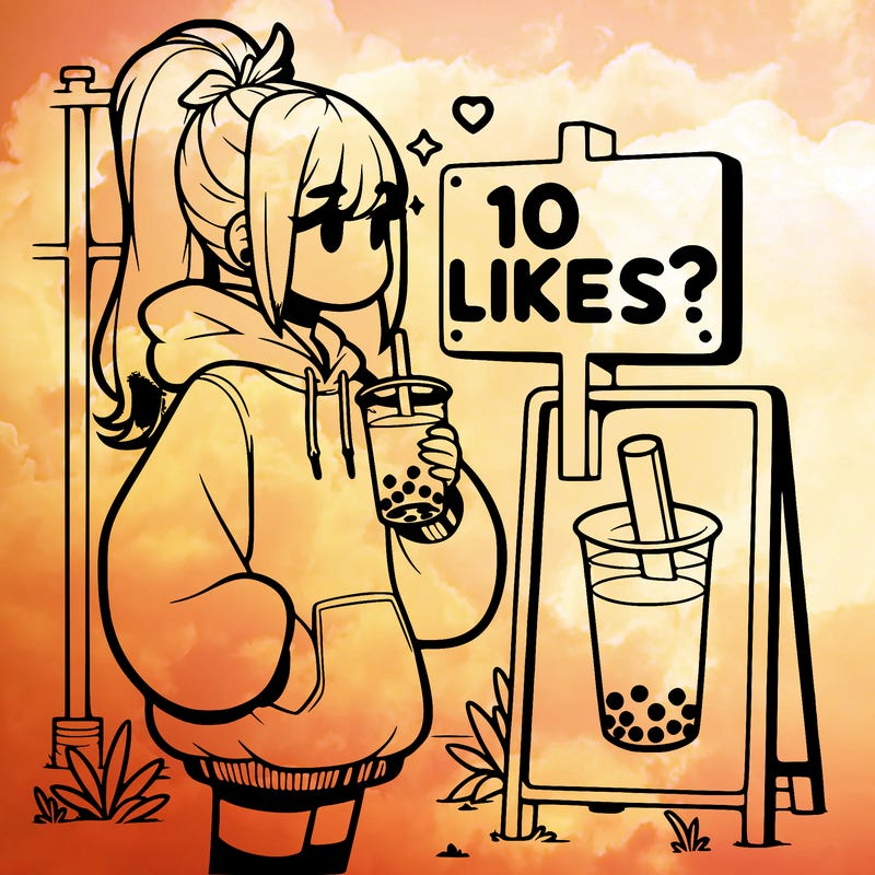 girl with oversized hoodie drinking boba and she has a high ponytail with a sign that says 10likes?