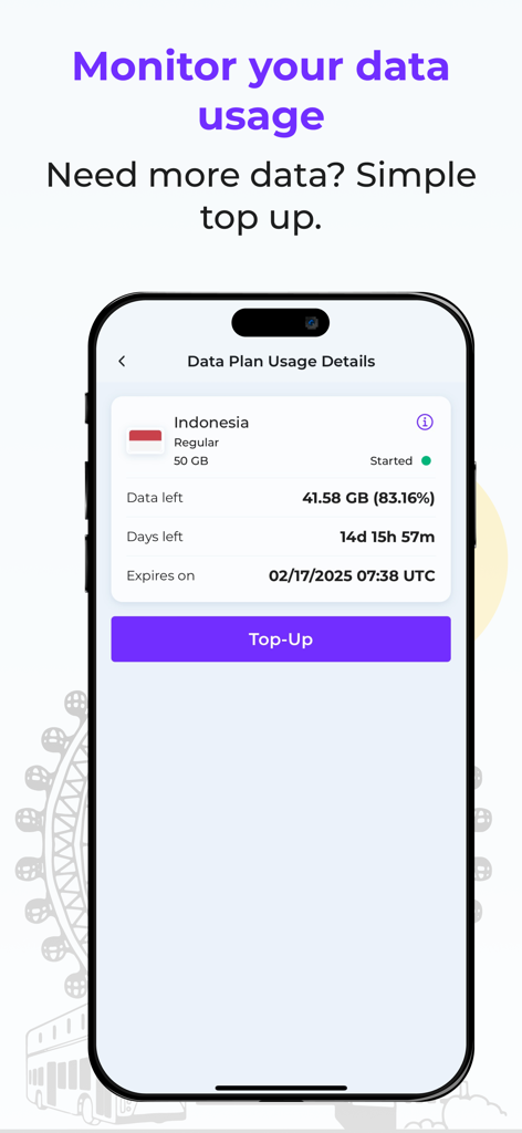 Esimatic eSIM: Mobile Data 5G - スマートフォンのEsimaticアプリ画面。海外データ使用状況の監視とトップアップボタンを表示