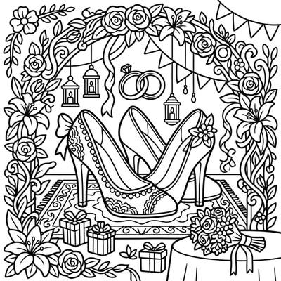 Celebrate love and style with this enchanting coloring page designed specifically for seniors, featuring elegant high heels at a beautiful wedding scene. Enjoy clear lines and delightful details that invite relaxation and creative expression.