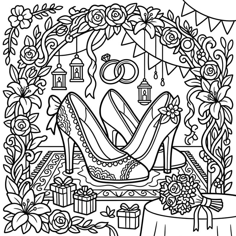 Celebrate love and style with this enchanting coloring page designed specifically for seniors, featuring elegant high heels at a beautiful wedding scene. Enjoy clear lines and delightful details that invite relaxation and creative expression.