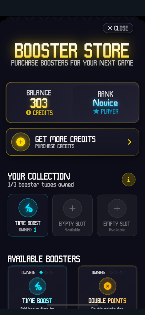 Pi: Math Memory Puzzle Game - Booster store interface in Pi Math Memory game displaying player rank and available powerups