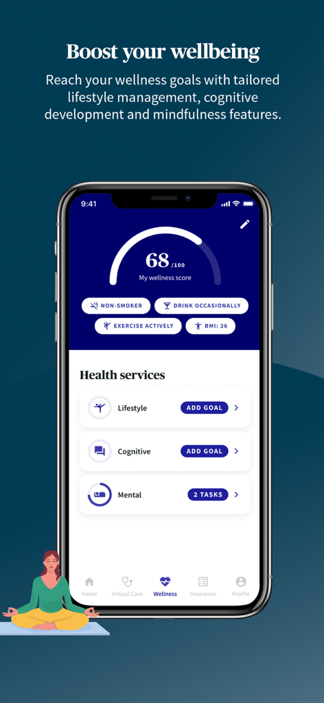 Wellness dashboard in the AXA Global Healthcare app featuring a wellness score and lifestyle management tools.
