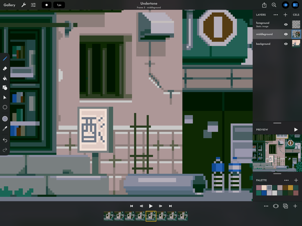Interfaz de la aplicación Pixaki 4 Intro en iPad mostrando una escena urbana de pixel art con línea de tiempo de animación y capas.