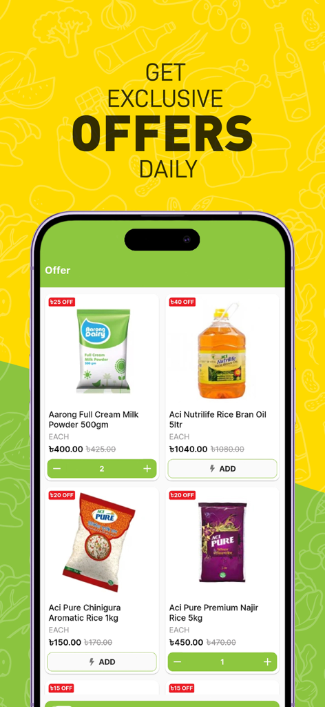 Meena Bazar Online - Meena Bazar Online app interface showing daily discounts on groceries like milk powder and rice